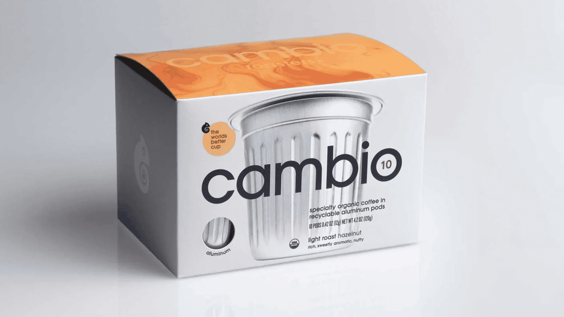 A box of Cambio's Hazelnut Coffee pods on a white backround