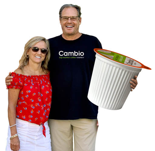 cambio founders holding a massive coffee pod
