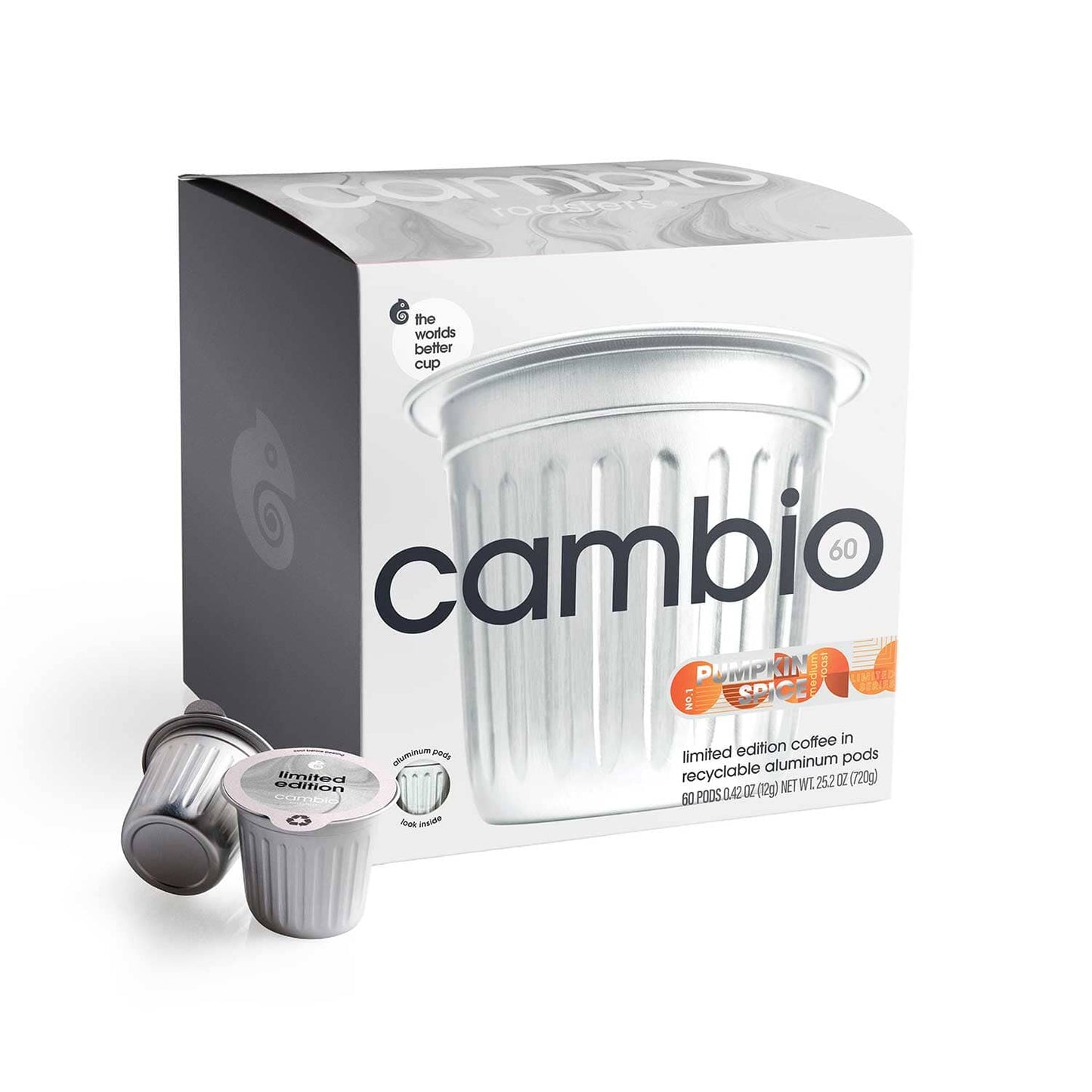 Cambio pumpkin spice coffee 60ct pod packaging with a white background