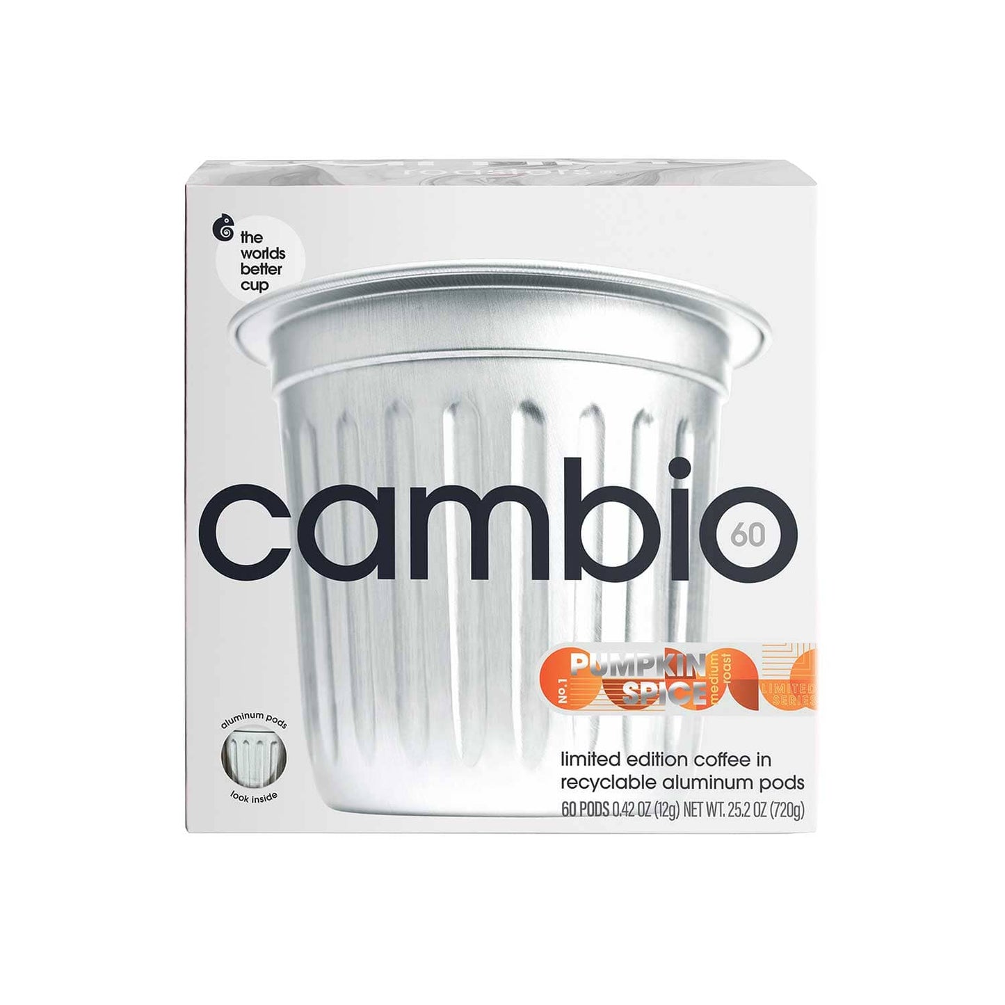 Cambio pumpkin spice coffee 60ct pod packaging with a white background. Front view.