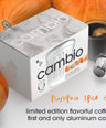 Cambio pumpkin spice coffee pod packaging with pumpkins and a coffee cup on a white background