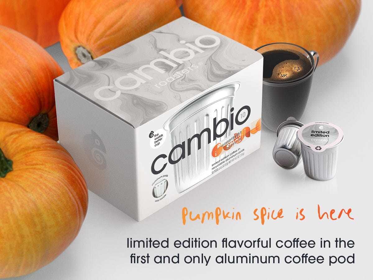 Cambio pumpkin spice coffee pod packaging with pumpkins and a coffee cup on a white background