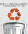Recycling symbol on a coffee pod with text about single-use plastics and recyclability.