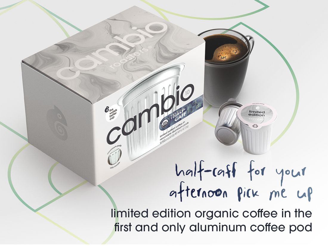 Cambio Roasters half-caff coffee pods sitting on a white background