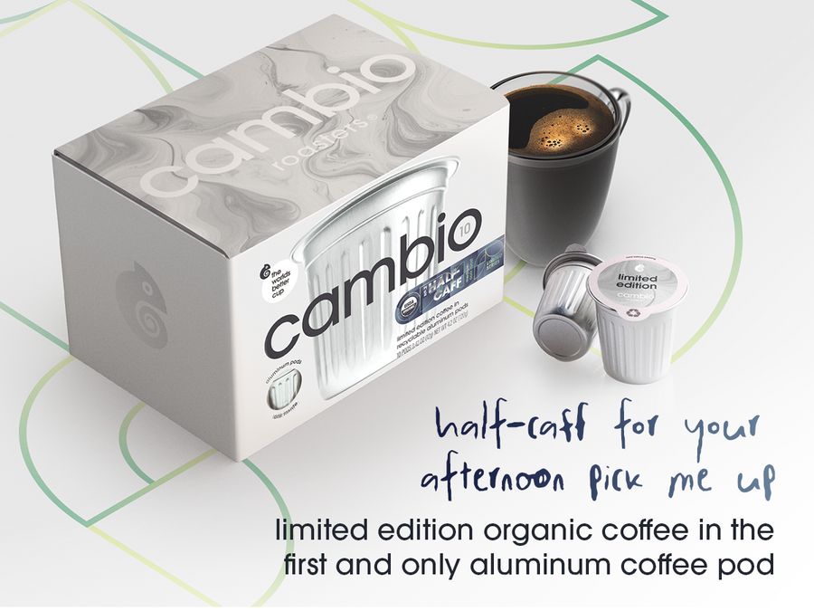 Cambio Roasters half-caff coffee pods sitting on a white background
