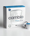 Cambio coffee pod packaging with two pods on a light gray background