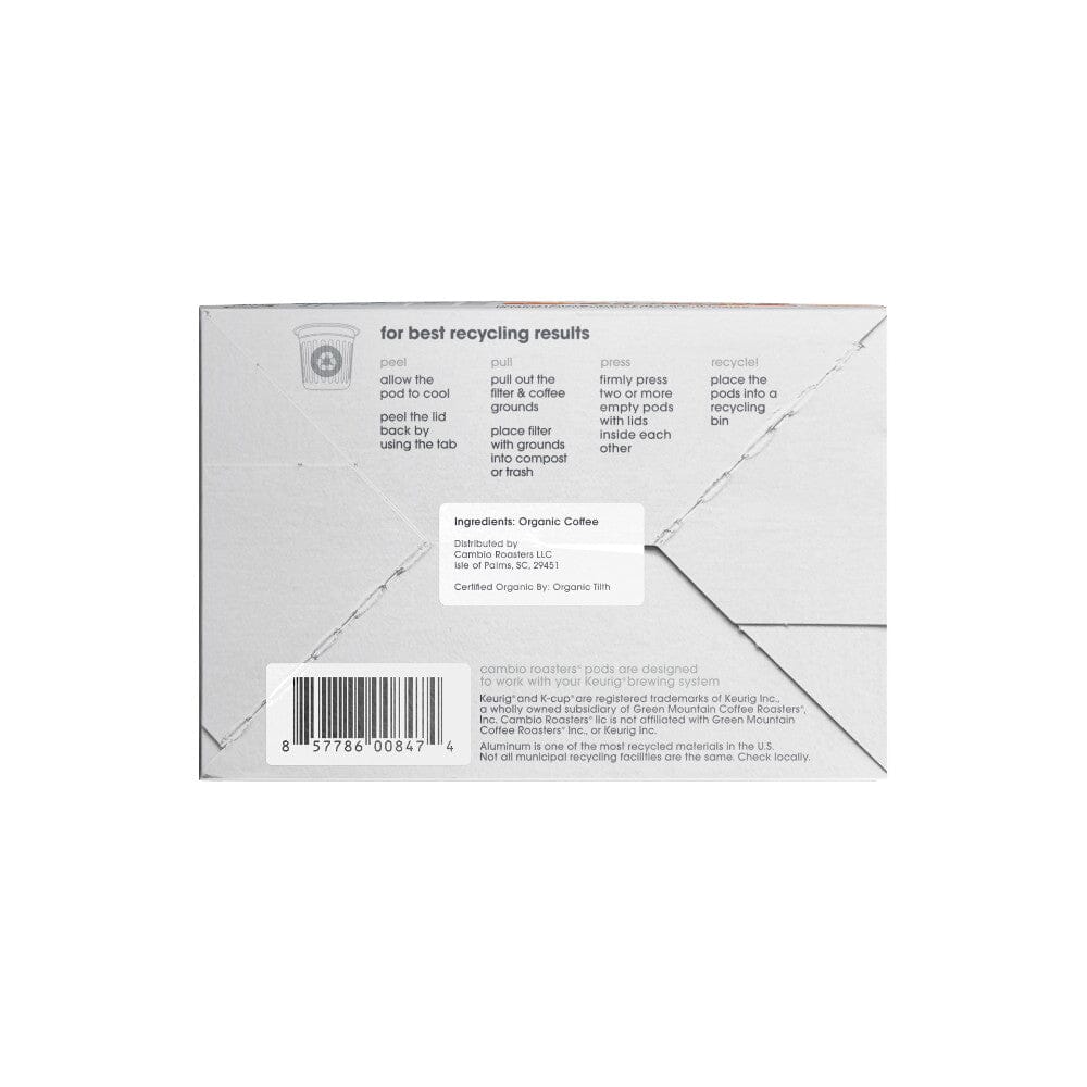 Back of a coffee package with recycling instructions and barcode on a white background