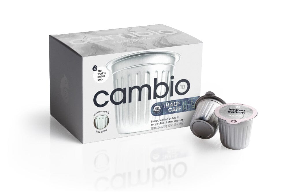 Cambio coffee capsule packaging with two capsules on a white background