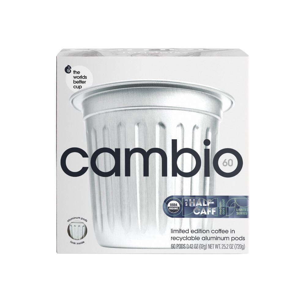 Cambio half-caff coffee pod 60ct packaging with a white background - front view