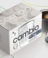 Box of Cambio coffee pods with a coffee pod and coffee cup on a light background