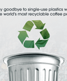Recycling symbol on a coffee pod with text promoting recyclability.