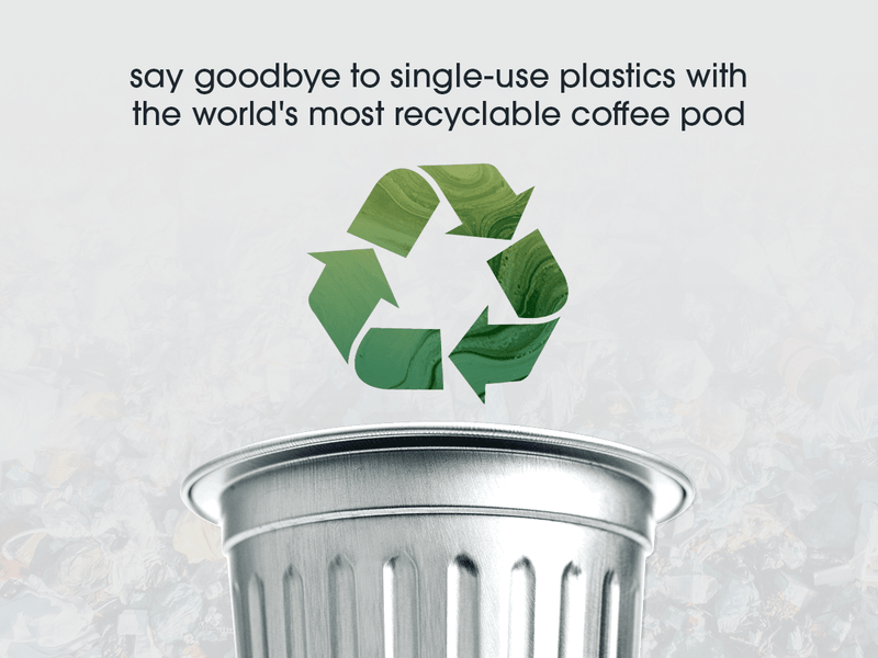 Recycling symbol on a coffee pod with text promoting recyclability.