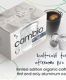 Cambio coffee pod packaging with a coffee cup and pod on a white background