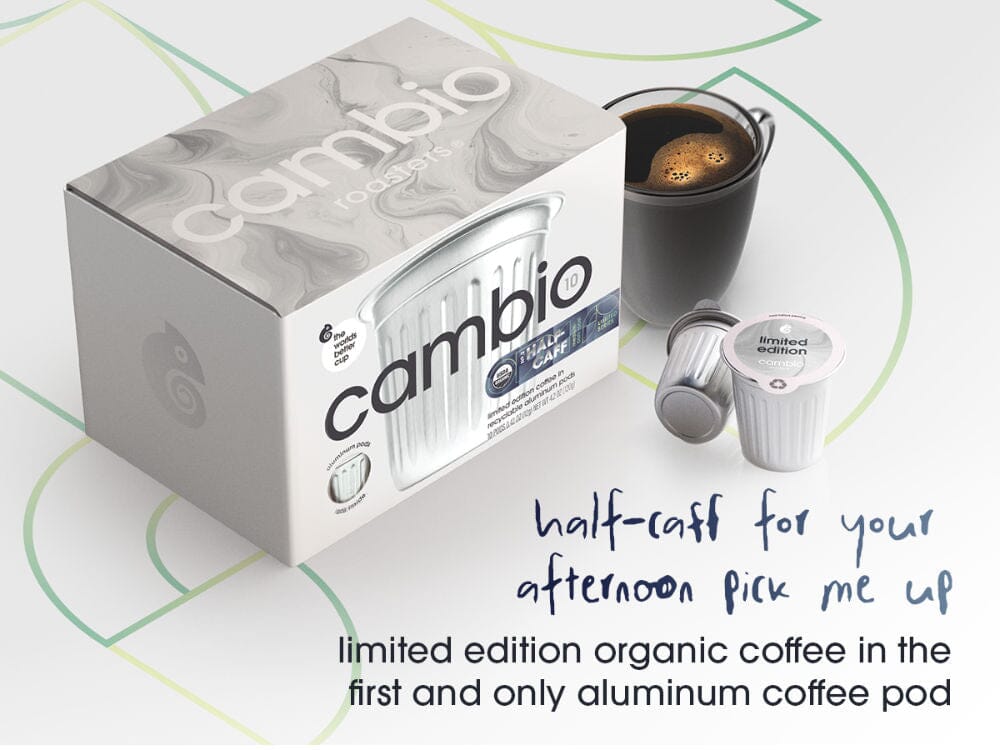 Cambio coffee pod packaging with a coffee cup and pod on a white background