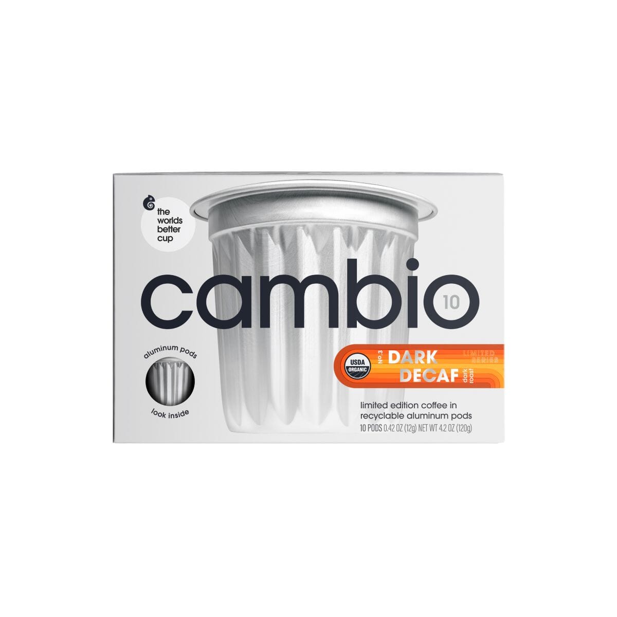A box of Cambio 10 Dark Decaf aluminum coffee pods on a plain white background.