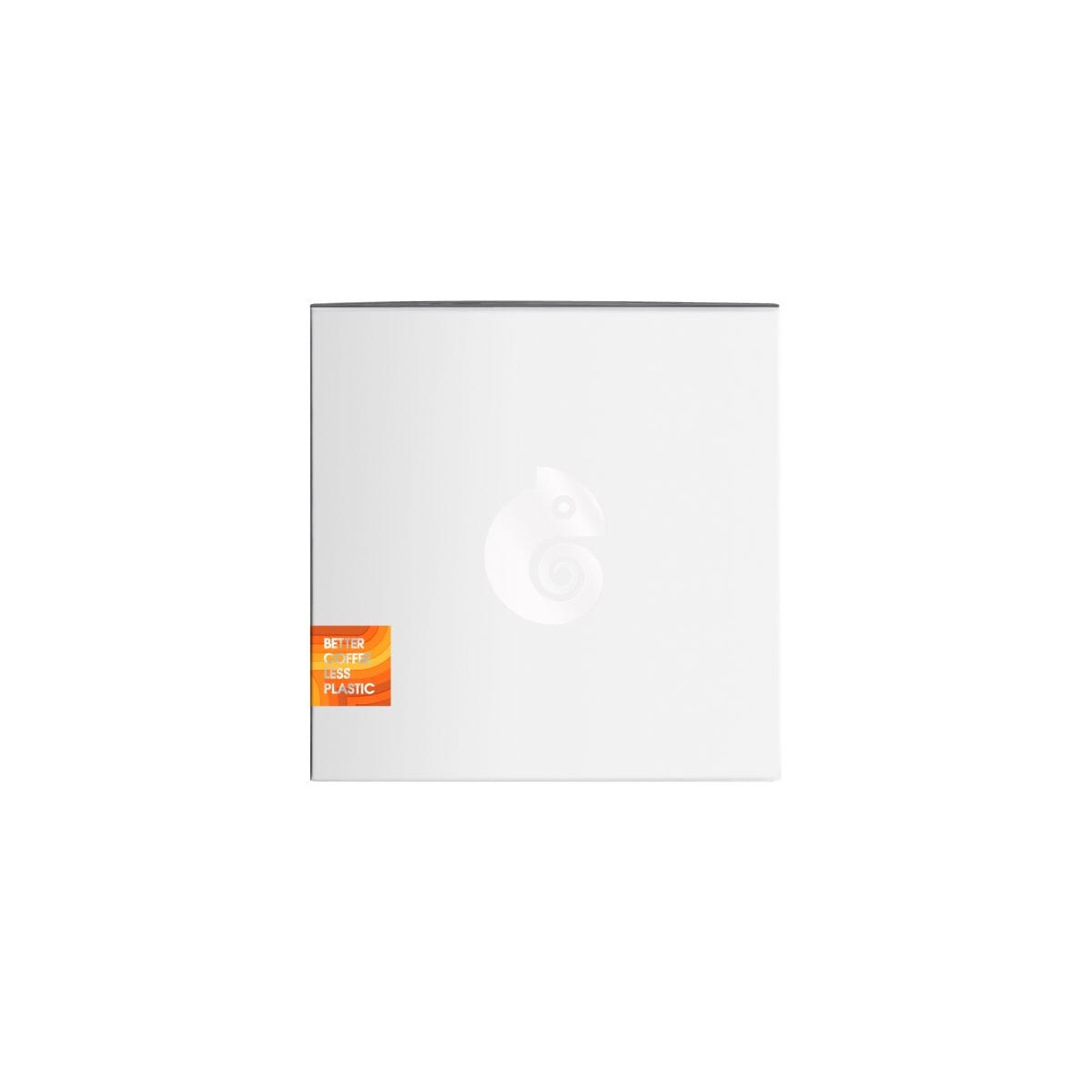 Side view of the 10 count Dark Decaf product box with the cambio roasters logo in the center and a small orange 'Methel Plastic' badge on the lower left, shown on a plain white background.