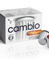 A 10 count box of Cambio Dark Decaf coffee pods with two individual silver coffee pods displayed in front on a clean white background.