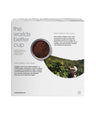 Coffee packaging with a cup of coffee and coffee beans on a white background