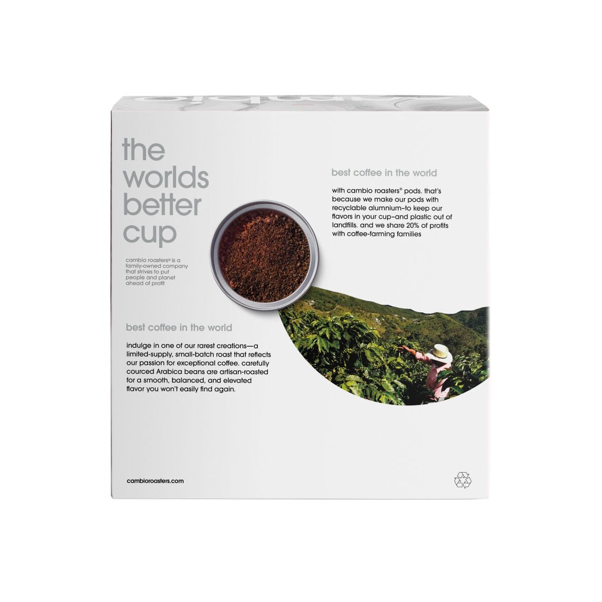 Coffee packaging with a cup of coffee and coffee beans on a white background