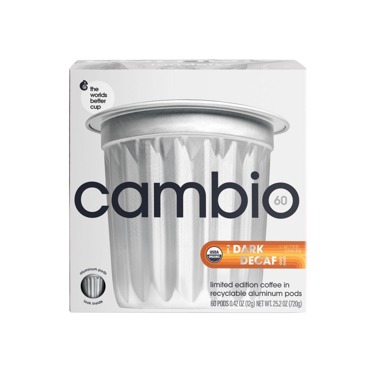 Cambio 60 Dark Decaf limited edition coffee in recyclable aluminum pods, shown in its white retail box with a large photo of a silver aluminum pod on the front.