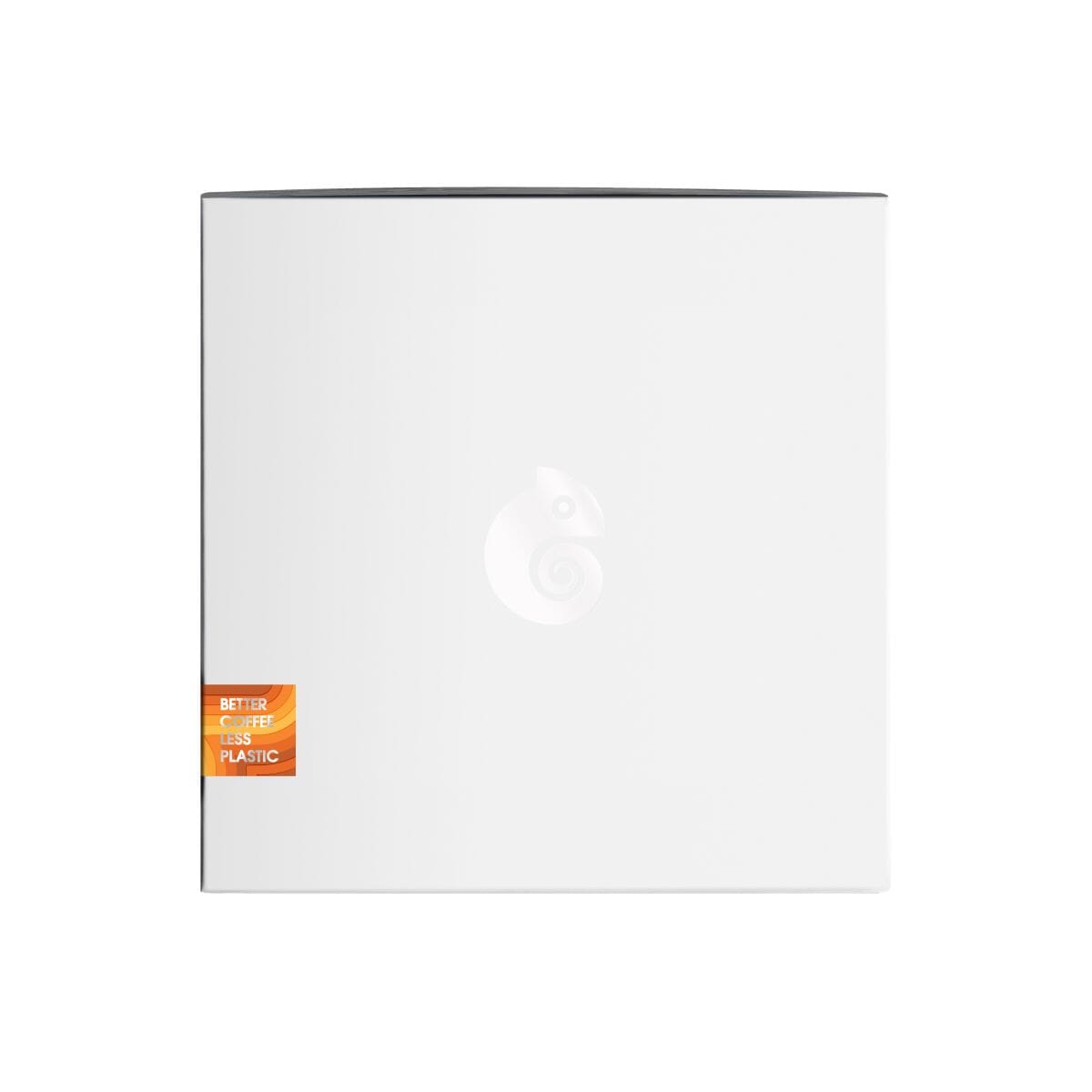 Side view of the 60ct Dark Decaf product box with the cambio roasters logo in the center and a small orange 'Methel Plastic' badge on the lower left, shown on a plain white background.
