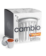 A box of Cambio 60 Dark Decaf coffee pods with two individual pods placed in front on a clean white background.
