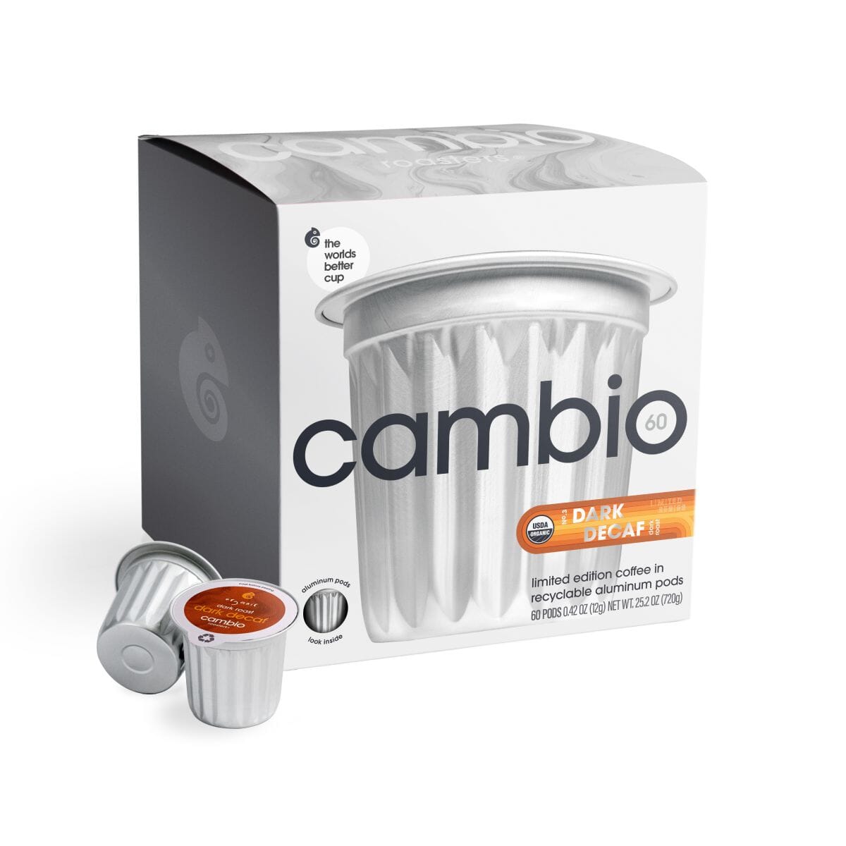 A box of Cambio 60 Dark Decaf coffee pods with two individual pods placed in front on a clean white background.