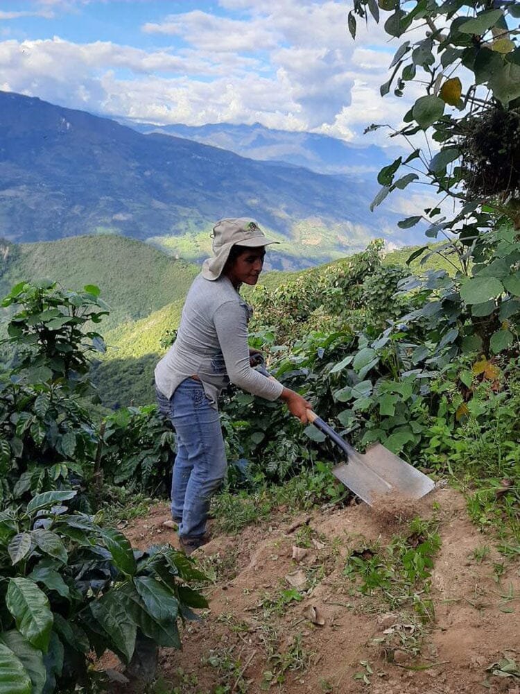 lady using a shovel to dig up some dirt on a mountain