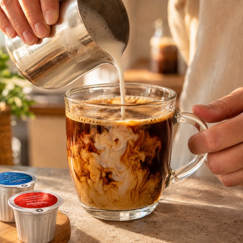 Iced latte poured over Cambio coffee